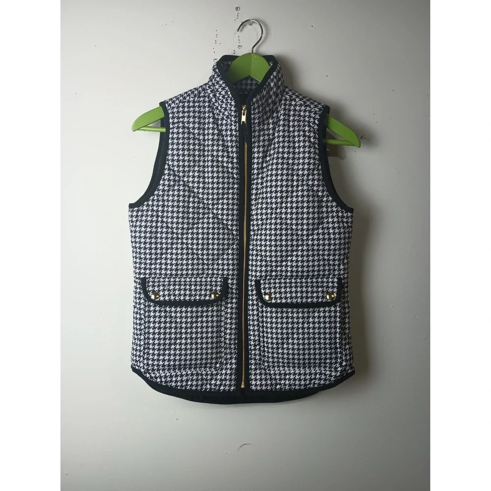 J.Crew Excursion Quilted Vest Black White Houndstooth Gold Zip XXS‎